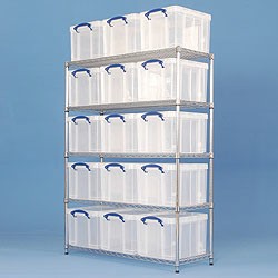3 bay chrome racking with 15x35 litre Really Useful Boxes